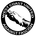 A symbol of two hands holding each others arms. Surrounding it reads "West Coast United Against Fascism."