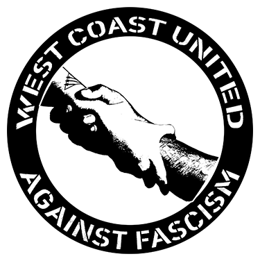 A symbol of two hands holding each others arms. Surrounding it reads "West Coast United Against Fascism."