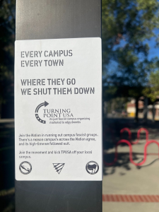 A flyer that reads "Every campus every town, where they go we shut them down" with a logo for TPUSA that reads "its just fascist campus organizing marketed to edgy dweebs." After some text, the bottom has the West Coast United Against Fascism logo, a Queer Antifa logo and an Antifascist Action logo.