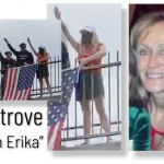 A picture of neo-nazi's from the Goyim Defense League holding a banner drop over the LA 405 while sig hialing. Text on the screen reads "Erika Ostrove or Hungarian Erika." A femme presenting person on the end with no mask is zoomed in on and compared against a headshot of someone with the same hair and features in a red shirt.